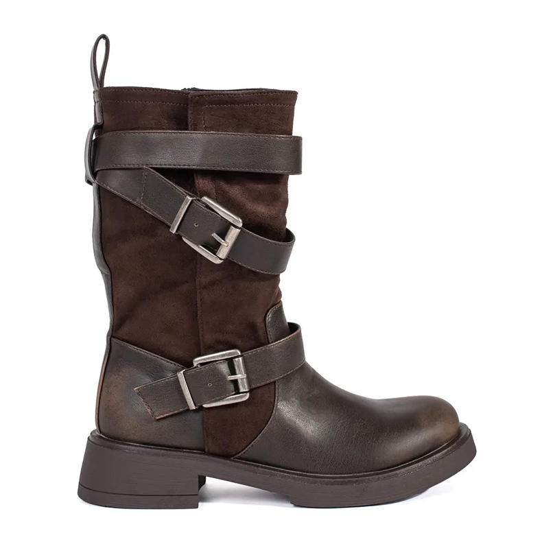 Botine de damă maro cu toc joasă și catarame