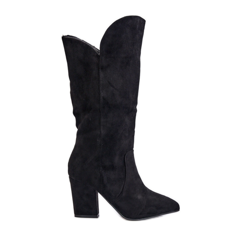 Cizme peste genunchi cu toc inalt din piele intoarsa ecologica, Black Clorira negru