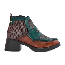 Cizme de damă din piele cu tocuri groase, cu decor Maciejka 06747-29 maro-verde Cizme de damă din piele cu tocuri groase, cu decor Maciejka 06747-29 maro-verde