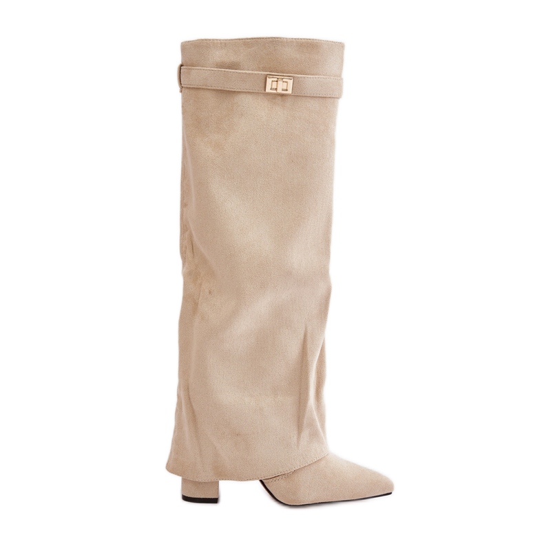 Cizme cu toc înalt izolat de culoare bej deschis, cu căptușeală întoarsă, de la Urelli Cizme cu toc înalt izolat de culoare bej deschis, cu căptușeală întoarsă, de la Urelli