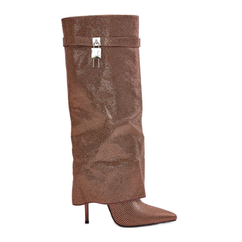 Cizme decorate cu toc înalt, cu tijă întoarsă, maro Enathlin