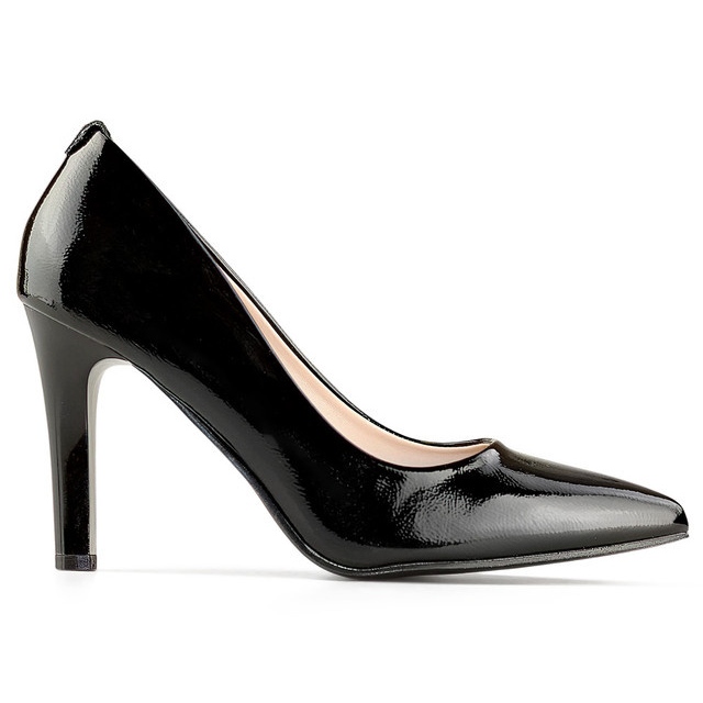 Pompi de dama negri patentati cu toc confortabil, pantofi eleganti de dama negri negru