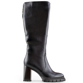Cizme negre cu toc până la genunchi, cizme izolate de damă cu toc, piele ecologică negru
