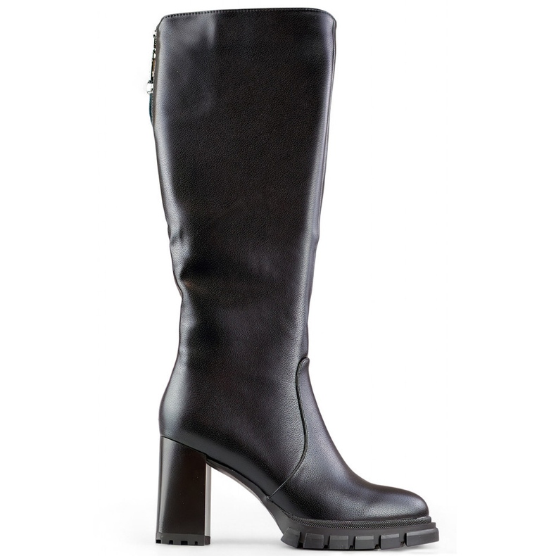 Cizme negre cu toc până la genunchi, cizme izolate de damă cu toc, piele ecologică negru