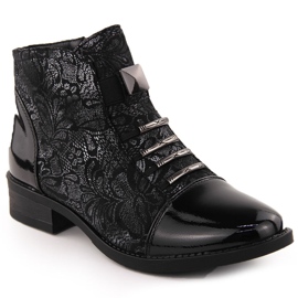 Botine de dama negre cu motiv flori argintii Sabatina DM24-08 negru