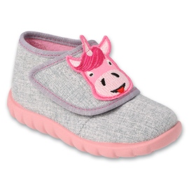 Papuci copii Befado cu velcro 454P03, gri cu aplicare unicorn