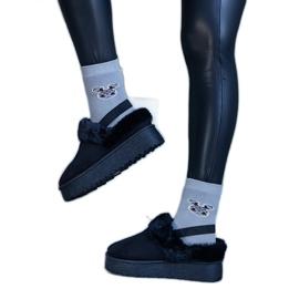 Papuci negri cu platformă decorați cu blană și cu bandă elastică la călcâi, Frank negru