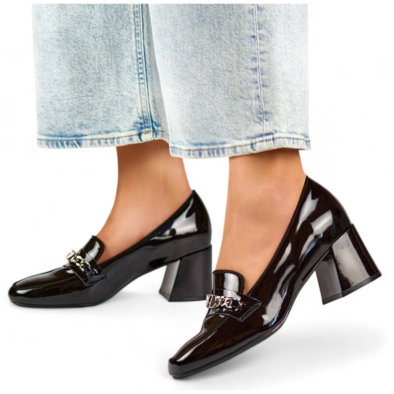 Pantofi de dama din piele cu toc cu decor, negru 24-58242B