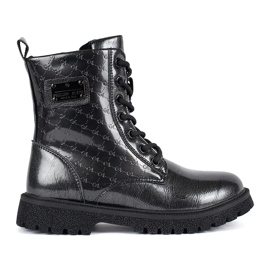 Botine negre din piele lacuita cu siret pentru fete negru