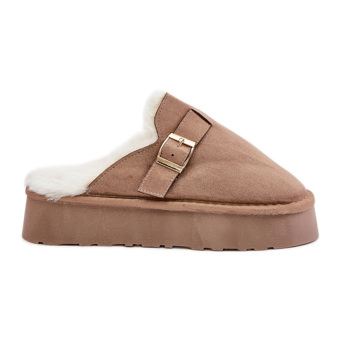 Papuci de dama pe talpa groasa cu blana si catarama, Linneola bej inchis Papuci de dama pe talpa groasa cu blana si catarama, Linneola bej inchis
