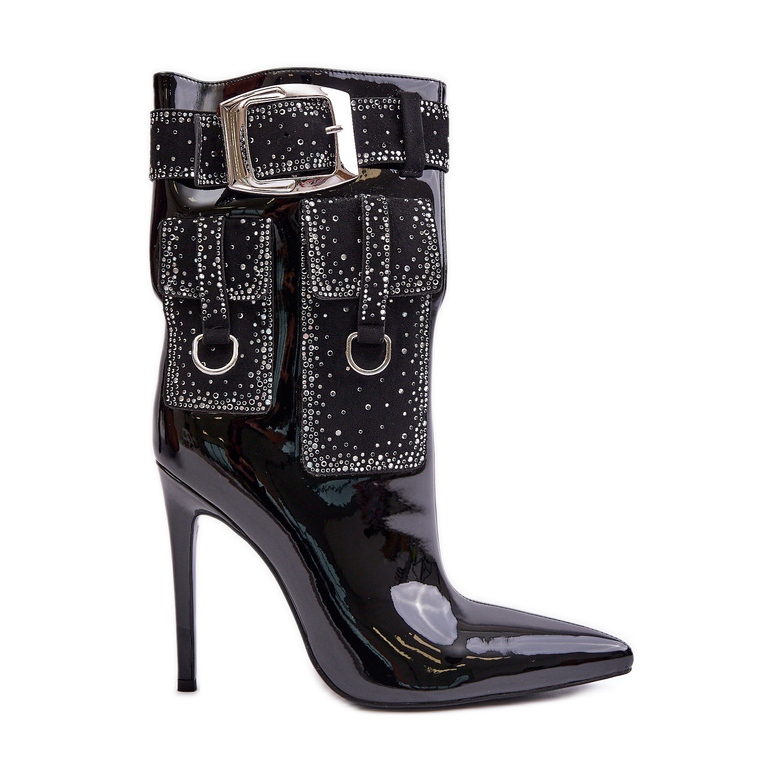 Botine decorate din piele ecologică lacuită cu toc înalt negru