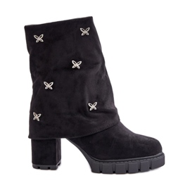 Botine decorate cu partea superioară răsturnată pe toc înalt, Black Esadora negru Botine decorate cu partea superioară răsturnată pe toc înalt, Black Esadora negru