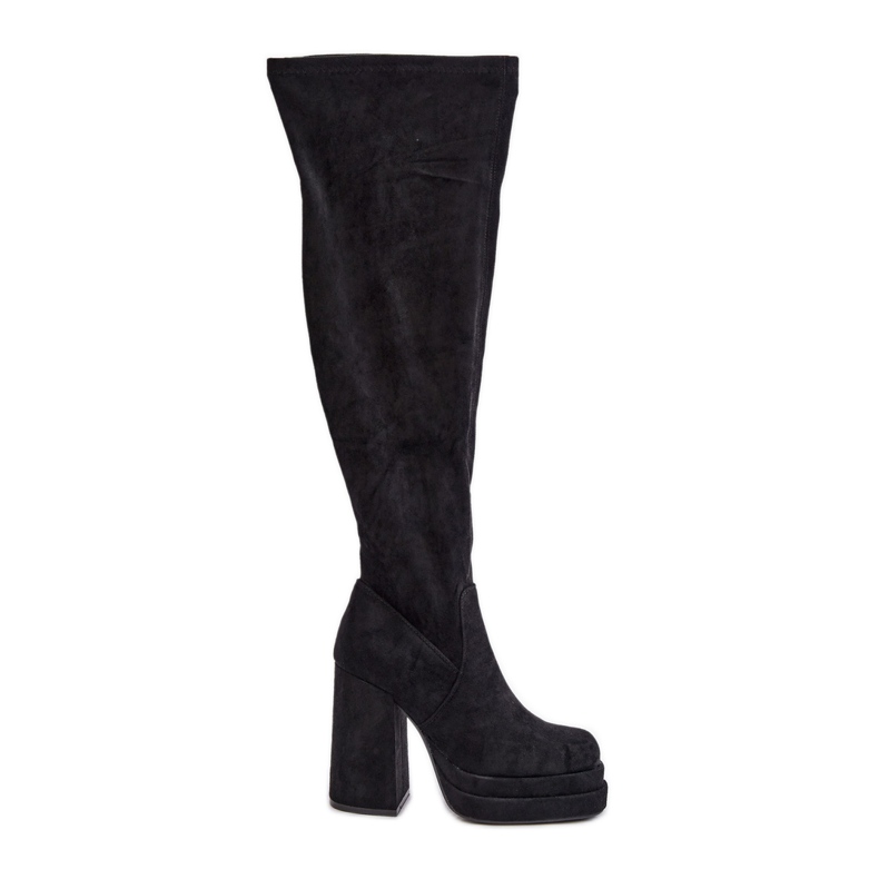 Cizme peste genunchi cu toc inalt si platforma, negre Nadelian negru