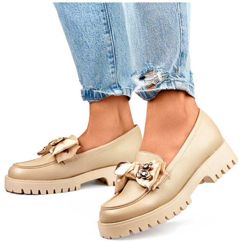 Mocasini de dama cu fundita, mocasini cu ursuleti, bej 2306BE Mocasini de dama cu fundita, mocasini cu ursuleti, bej 2306BE