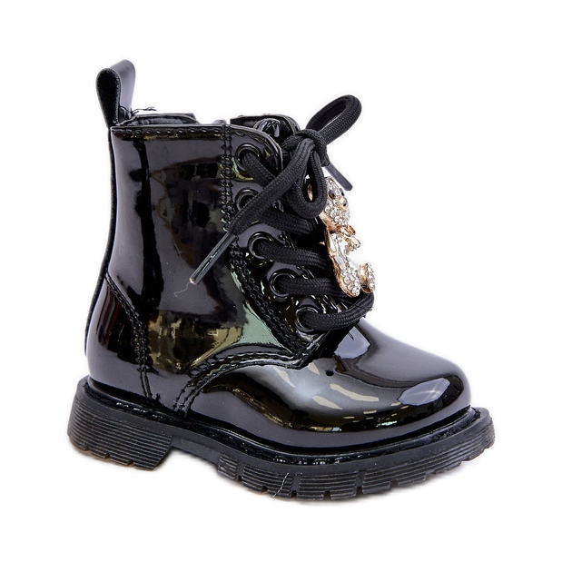 Botine izolate pentru copii, patentate, cu ursuleț și fermoar, Black Enchanta negru Botine izolate pentru copii, patentate, cu ursuleț și fermoar, Black Enchanta negru
