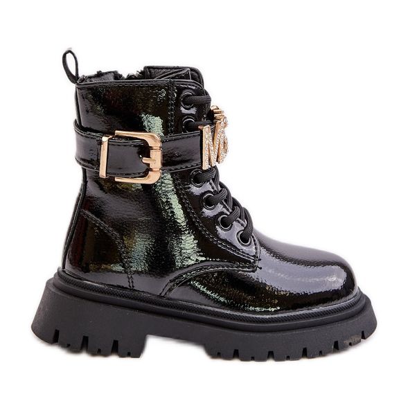 Cizme pentru fete din piele lacuita cu curea decorativa, Gilian neagra negru
