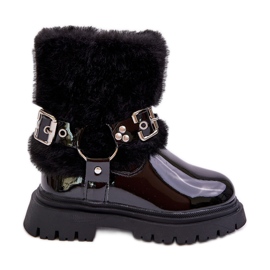 Botine fete din piele lacuita cu blana si catarame, Cartemes Negre negru Botine fete din piele lacuita cu blana si catarame, Cartemes Negre negru