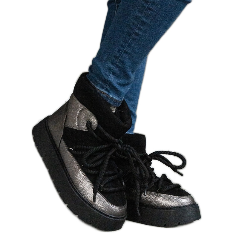 Cizme de zăpadă de damă negre cu platformă, cu căptușeală din blană negru