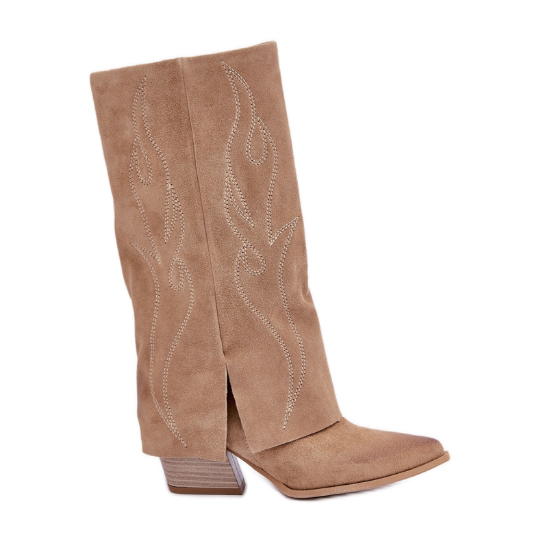 Cizme din piele intoarsa la jumatatea gambei cu toc intors in sus Bej Zazoo 3487