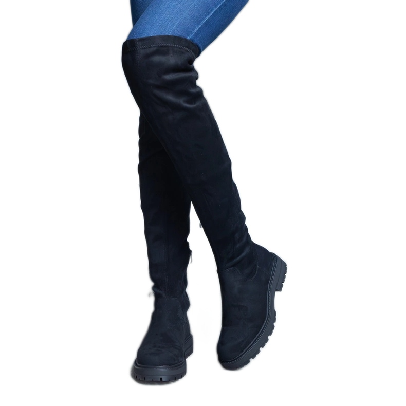 Cizme lungi negre cu partea superioară flexibilă și talpă plată negru