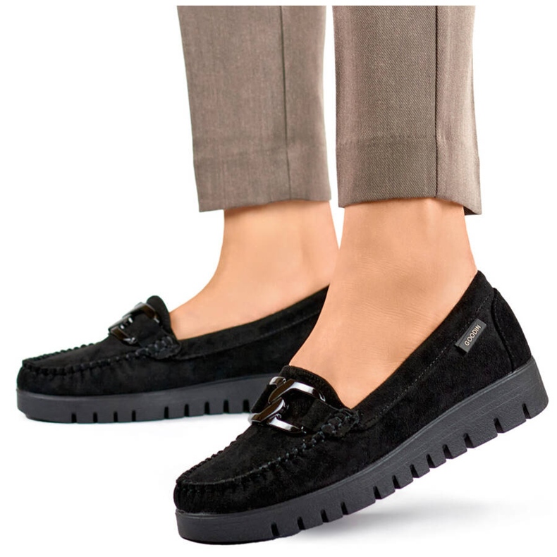 Goodin Mocasini de damă din piele intoarsa neagra GD-FL696C-B negru