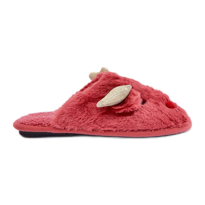 Papuci de Crăciun cu blană de coral cu motiv de ren roșu Papuci de Crăciun cu blană de coral cu motiv de ren roșu