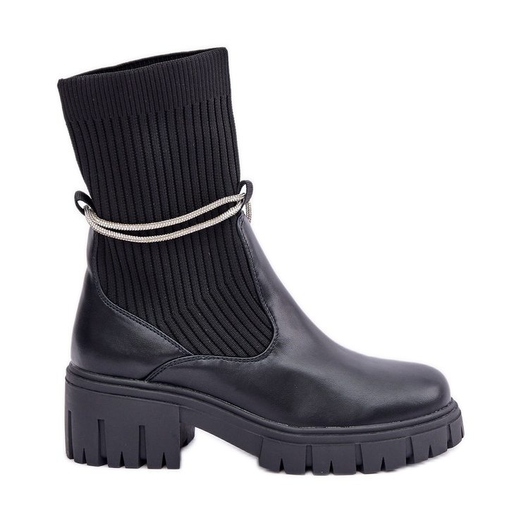 Botine negre Dinarca cu ciorap si dantela lucioasa negru