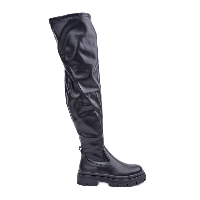 Cizme peste genunchi cu toc plat, negre negru