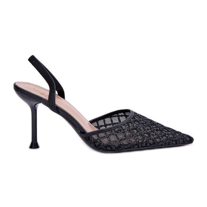 Tocuri înalte cu toc deschis decorat cu sclipici negru Tocuri înalte cu toc deschis decorat cu sclipici negru