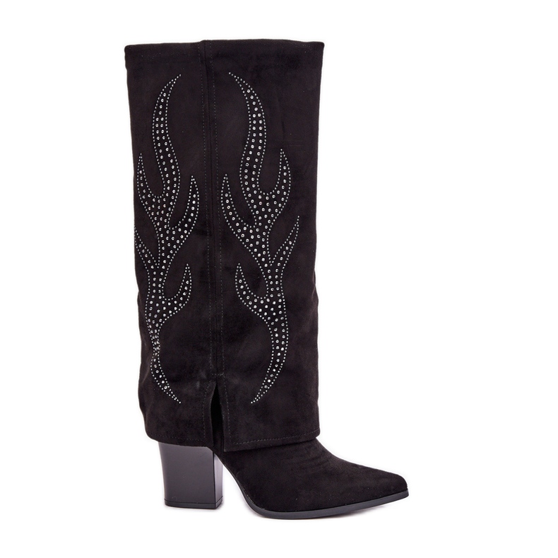 Cizme decorate cu căptușeală răsturnată pe toc înalt, negre negru
