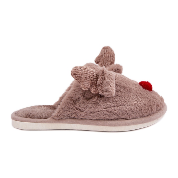 Papuci de damă cu blană cu model de ren, bej închis Papuci de damă cu blană cu model de ren, bej închis