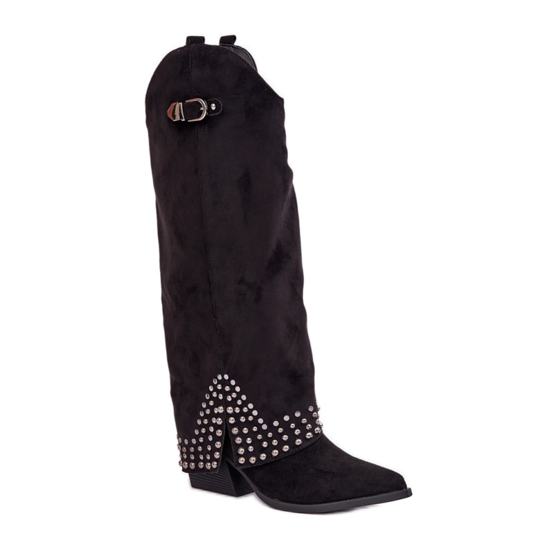 Cizme de dama cu partea superioara decorativa, negre negru