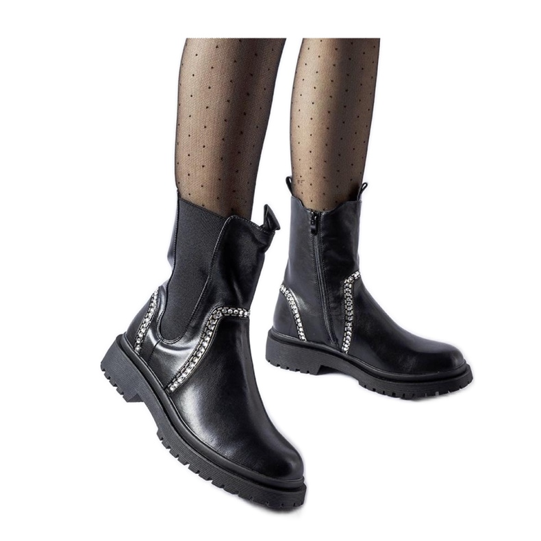 Botine negre decorate cu zirconi Anastasio - Solea negru