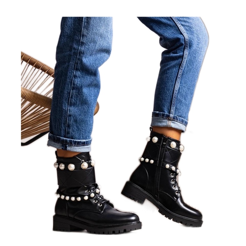 Solea Botine de dama negre cu siret cu perle negru