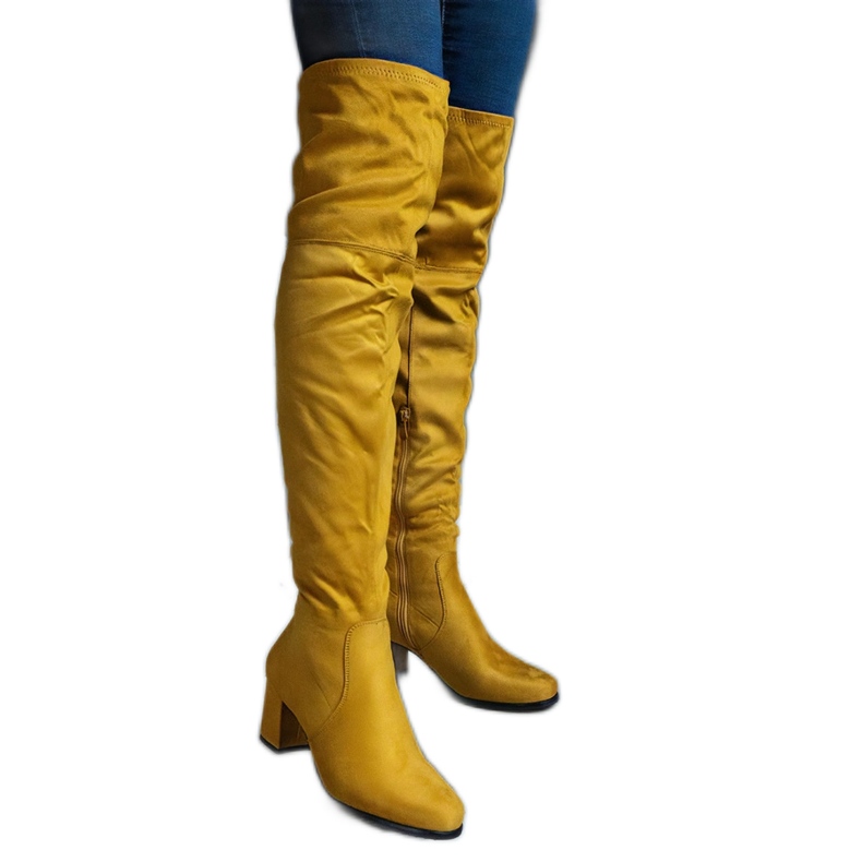 Cizme peste genunchi galbene din piele intoarsa ecologica