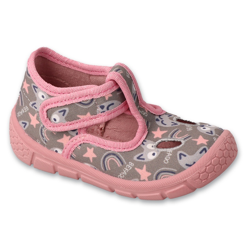 Papuci copii Befado roz și gri cu velcro 630P017 cu motive animale