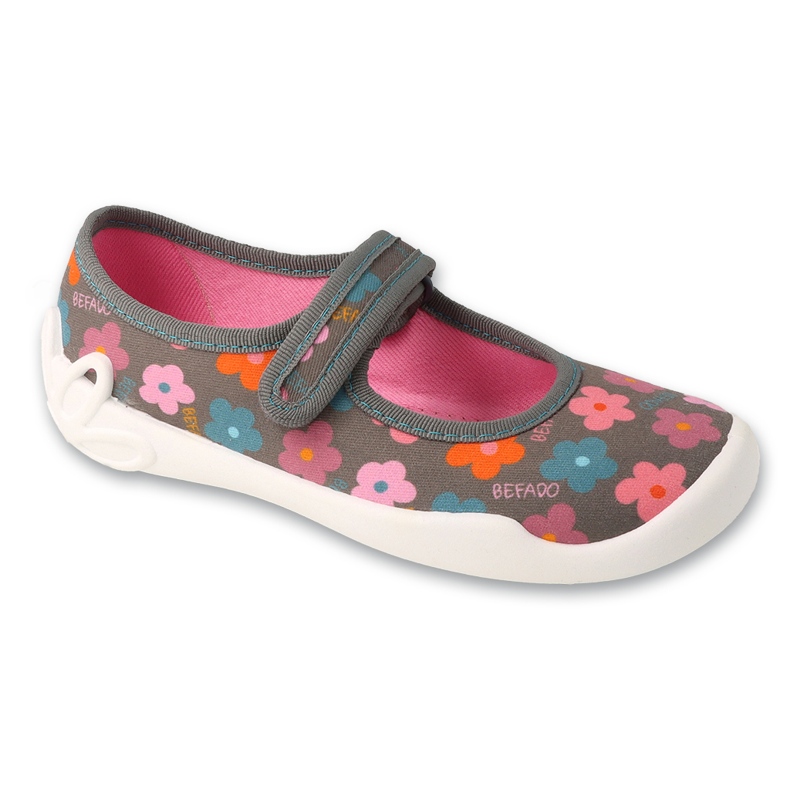 Papuci copii Befado cu Velcro114Y552, gri cu flori