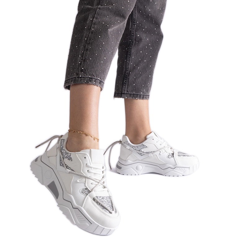 Tenisi albi de dama cu sclipici