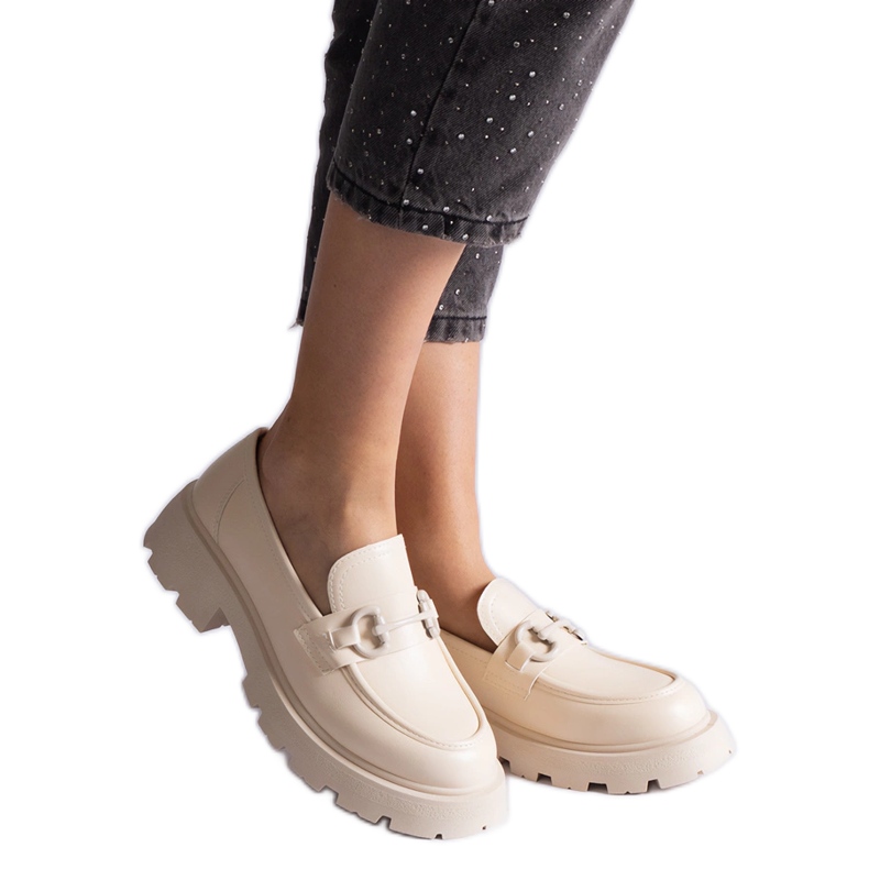 Mocasini din piele ecologica bej cu decor auriu