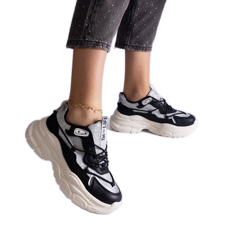 Tenisi negri cu inserții cu sclipici negru