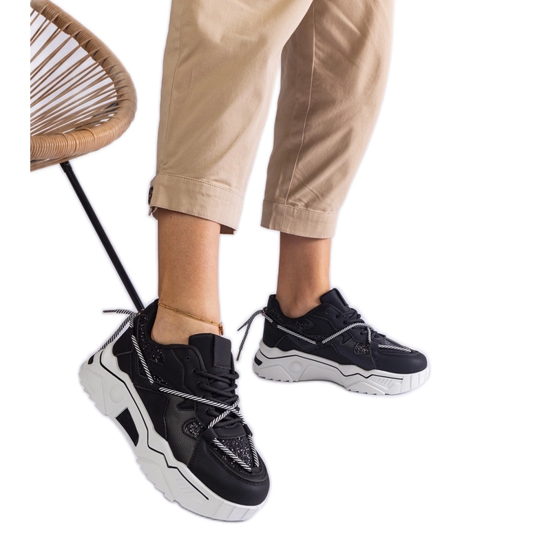 Adidasi negri de dama cu sclipici negru