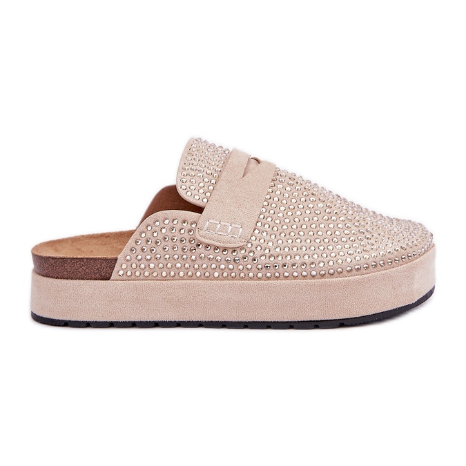 Papuci pentru femei decorate cu zirconi pe platformă bej