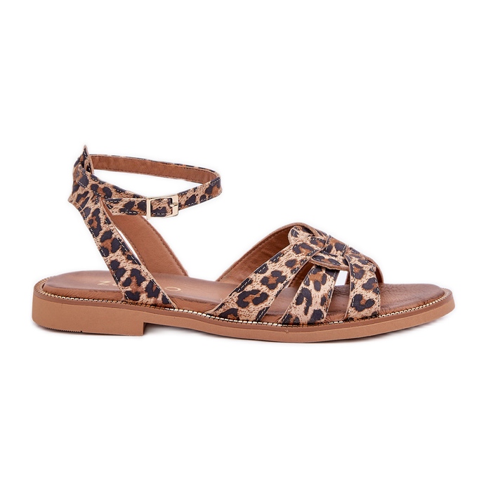 Zazoo Sandale din piele pentru femei cu tocuri plate leopard print 3688 maro