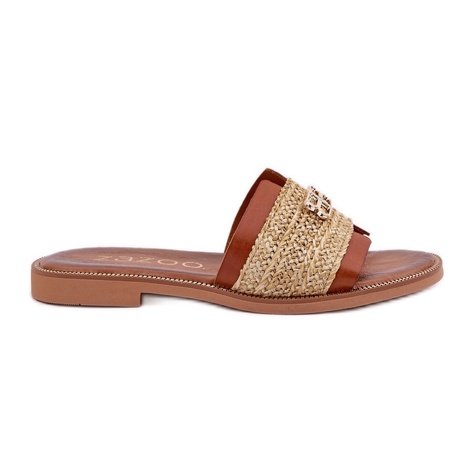 Flip -flops din piele cu un detaliu decorativ și împletit Zazoo 40426 maro Flip -flops din piele cu un detaliu decorativ și împletit Zazoo 40426 maro