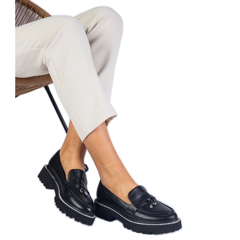 Mocasini negri decorati cu strasuri negru