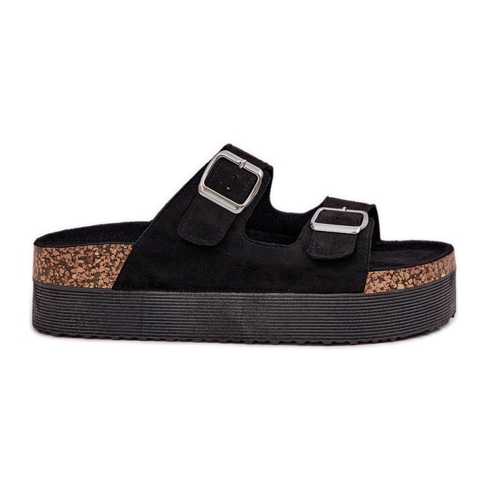 Papuci pentru femei pe o platformă masivă cu catarame negre negru