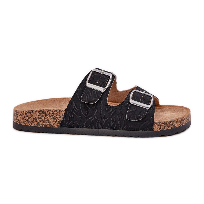 Material flip -flops pe o talpă de plută cu cleme negre negru Material flip -flops pe o talpă de plută cu cleme negre negru