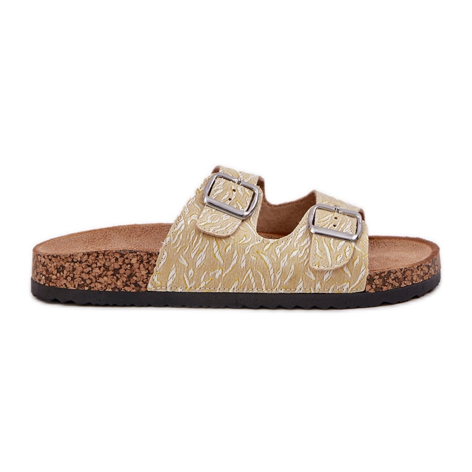 Material flip -flops pe o talpă de plută cu catarame galbene
