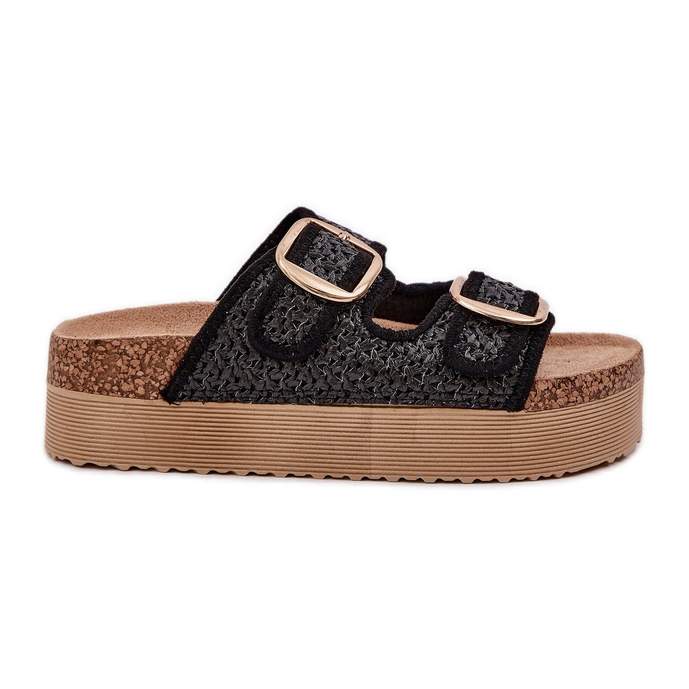 Papuci cu împletitură și catarame pe platforma masivă neagră negru Papuci cu împletitură și catarame pe platforma masivă neagră negru