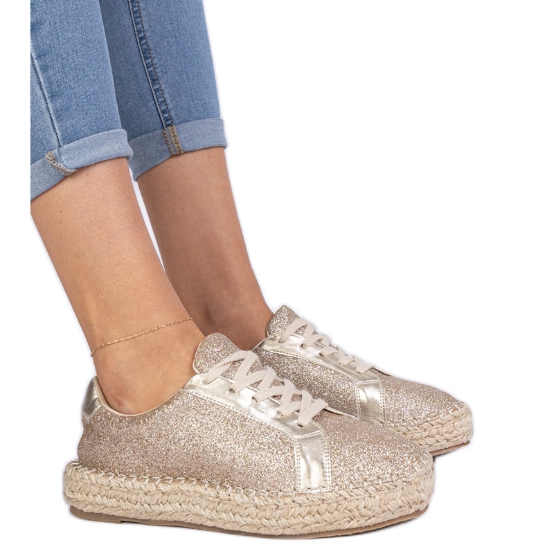 Espadrilles pentru femei de aur decorate cu sclipici